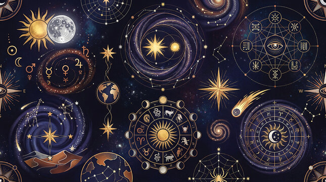 mystical cosmic pattern with celestial elements, astrology symbols, stars, moon, and sun design.