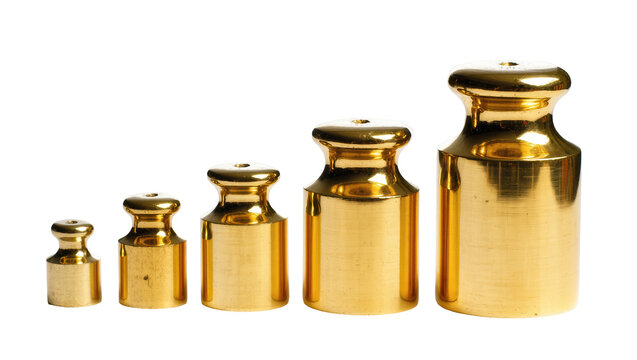 Five polished brass calibration weights of varying sizes, isolated on transparent background