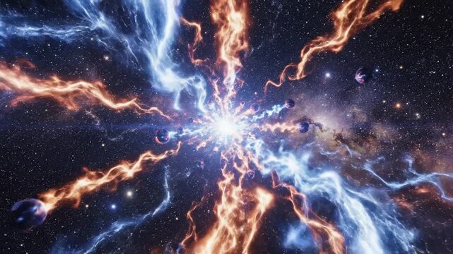 Luminous deep space cosmic phenomenon featuring a bright central explosion radiating orange and blue nebulous gas streams with dark spherical planets and stars in a distant galaxy.