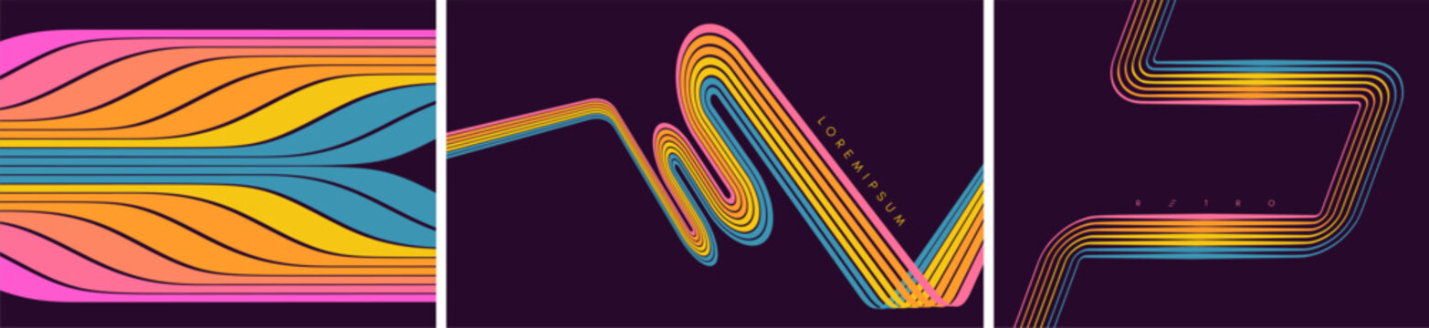 A retro 1970s-style background. Colorful lines. Abstract curved ribbons. A serpentine curve of a race track. Color gradient. Vector for brochure, poster, cover, card, flyer, banner, presentation, etc.