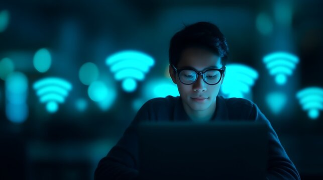 A young man with glasses working intently on a laptop, surrounded by digital Wi-Fi icons in a dark, tech-themed environment.