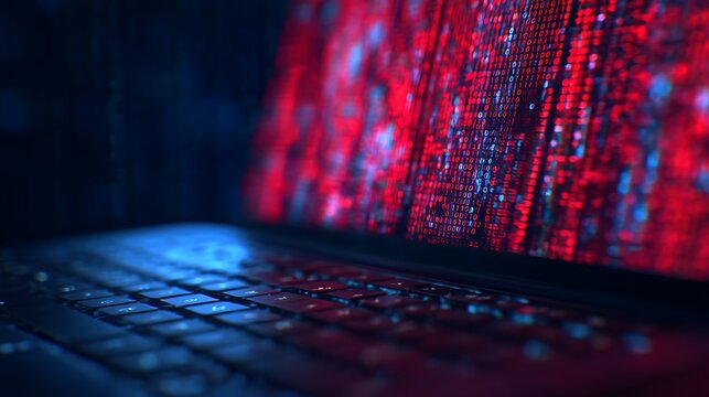 A close-up of a laptop keyboard with red and blue digital code projected on the screen, symbolizing cybersecurity or hacking activities.