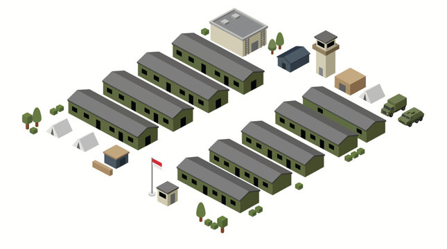 Isometric Military Base Complex Illustration with Army Barracks, Watchtower, and Tactical Vehicles