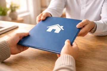 Fototapeta na wymiar Handing over a property contract in a modern office setting