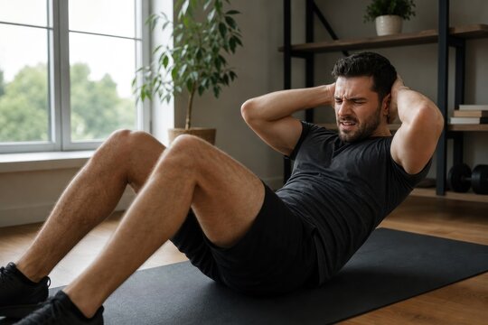 Determined man performing intense leg raises and crunches on black exercise mat in bright modern home gym, focused fitness routine, core workout, natural indoor lighting