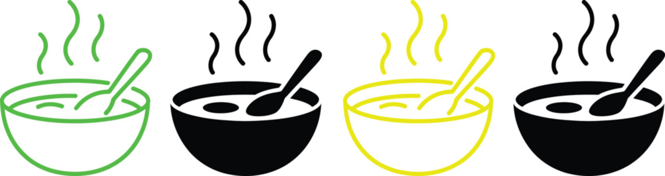Four bowls of soup with steam and spoons in different colors and styles