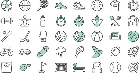 Sports and Athletics Icon Set with Soccer, Basketball, Tennis, Baseball, Boxing, Cycling, Golf, and Multi-Sport Equipment Elements for Active Lifestyle Designs © Md
