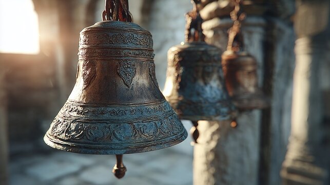 Buddhist Themed Antique Bronze Bells Hanging in an Ancient Stone Structure During the Sunset Glow