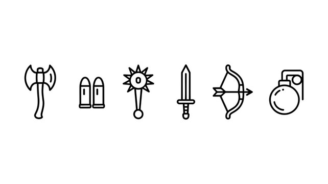 Set of various historical and modern combat weapon line art icons on white background with military, equipment