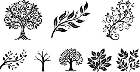 Decorative tree and leaf silhouette vector set, floral ornamental branches, elegant botanical elements for design, tattoo, logo, and nature themes © MDARIFUL