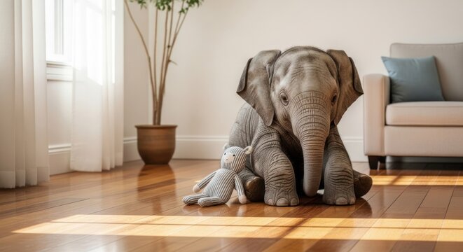 Adorable baby elephant sitting with stuffed animal toy in a bright living room.