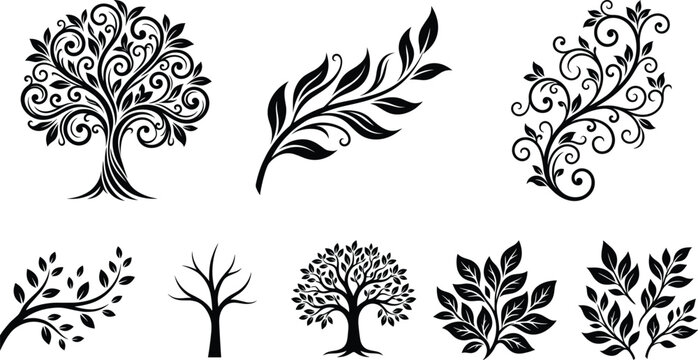 Decorative tree and leaf silhouette vector set, floral ornamental branches, elegant botanical elements for design, tattoo, logo, and nature themes