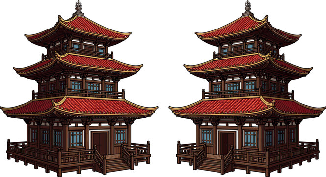 Traditional Chinese Pagoda Architecture Vector Set Featuring Intricate Details and Red Roof Designs for Cultural and Historical Themed Projects
