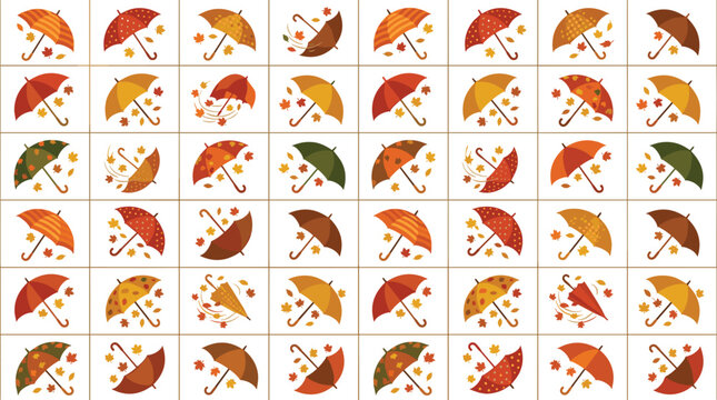 Autumn Umbrella Seamless Pattern with Colorful Fall Umbrellas and Scattered Leaves in Warm Orange, Red, and Yellow Tones for Seasonal Designs