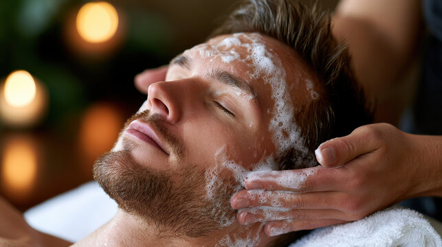Man facial spa treatment male skincare foam cleanser relaxing massage grooming beard beauty salon wellness self care hygiene calm enjoyment