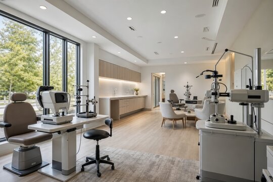 Modern optometry clinic with professional eye examination equipment and patient chairs, bright natural lighting, clean minimalist interior design