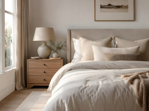 Minimalist bedroom interior with neutral bedding and soft light