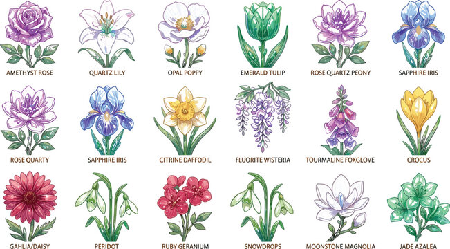 Birth Month Flower Icon Set with Detailed Botanical Rose, Lily, Tulip, Iris, Carnation, and Floral Elements in Embroidery Style for Nature Designs