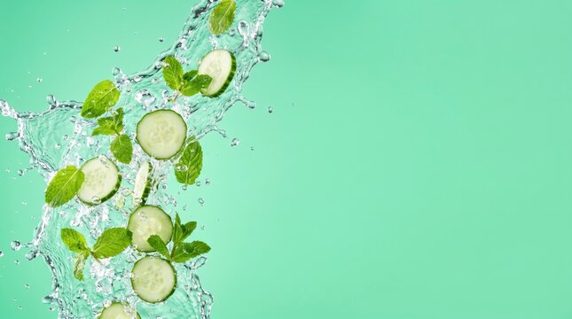 Refreshing liquid splash with sliced cucumber and fresh mint leaves frozen in motion dynamic healthy beverage concept captured in studio with clean bright lighting against a soft teal background