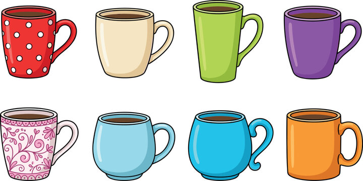 Vector Illustration of Colorful Coffee Mugs with Different Patterns and Designs for Drinkware and Kitchen Decor