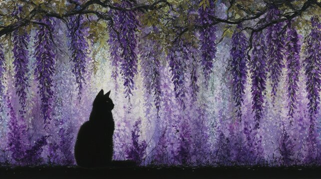 Black cat sits peacefully under cascading purple wisteria flowers.