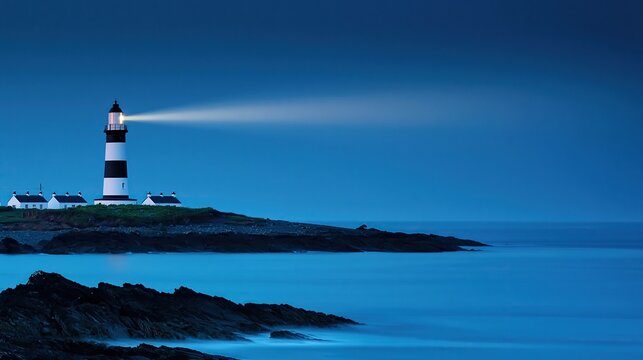 Black and white striped lighthouse emits bright beam of light over calm deep blue sea at dark night standing on rocky coastal headland with small white cottages in background
