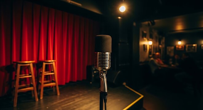 Vintage Microphone Standing on Dim Comedy Club Stage with Red Curtain