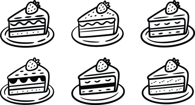 Ink pen sweet cake slice set line art food icon