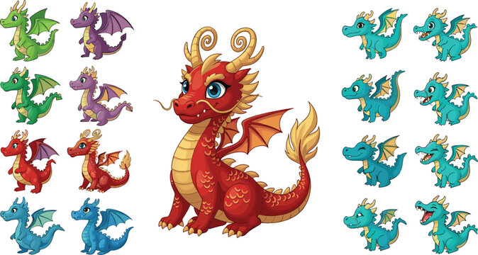 Cute Cartoon Baby Dragon Characters in Multiple Colors and Poses