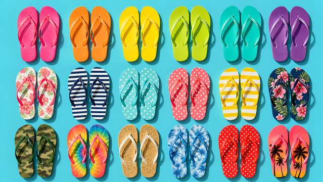 colorful flip flops collection on blue background
