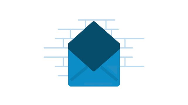 A motion graphic animation of a white background with a light blue brick wall pattern appearing behind a dark blue envelope.
