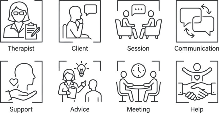 Therapy and Support Outline Icons: Therapist, Client, Session, Communication, Advice, Meeting