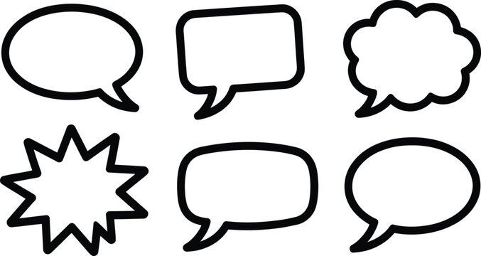 Vector set six ink line art blank comic chat box