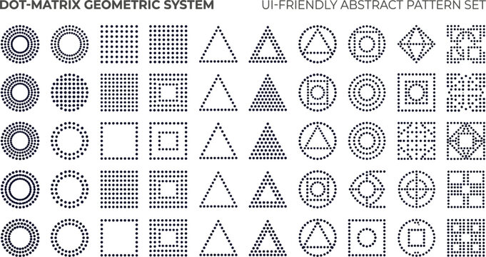 Dot Matrix Geometric Pattern System with Abstract Circle, Triangle, Square, and Diamond Shapes for UI Friendly Design Set
