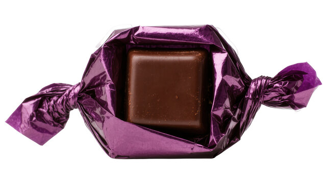 Square dark chocolate candy in shiny purple foil wrapper, isolated on transparent background