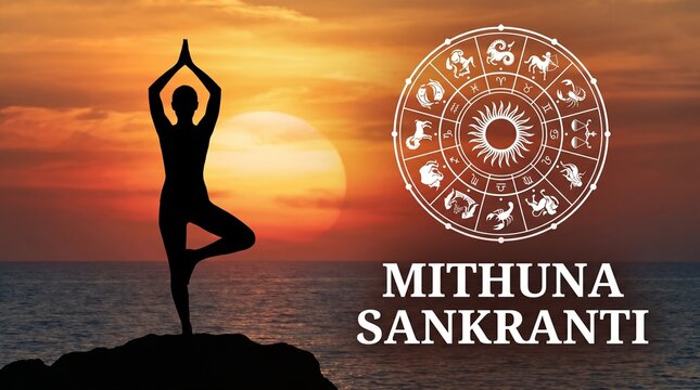 Mithuna Sankranti, Peaceful yoga pose silhouetted by rising sun and zodiac.