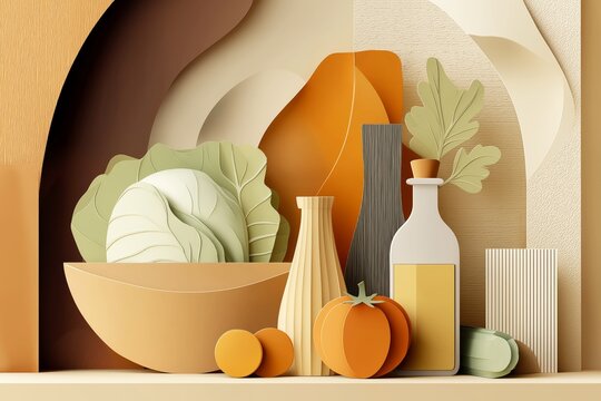 AI-generated image of a papercraft still life depicting salad prep in a home environment, in warm colors