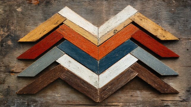 Multicolored wooden slats are arranged in a chevron pattern on a rustic timber surface.