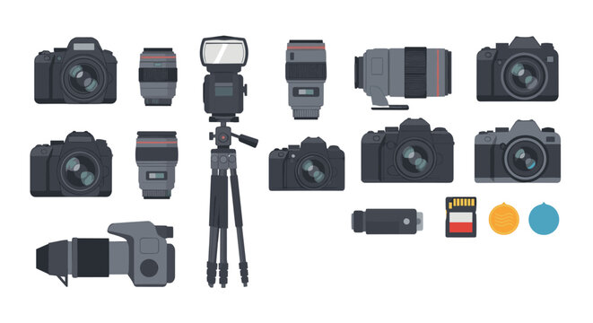 Array of professional photography equipment including digital cameras, interchangeable lenses, a tripod, and memory cards for media production.
