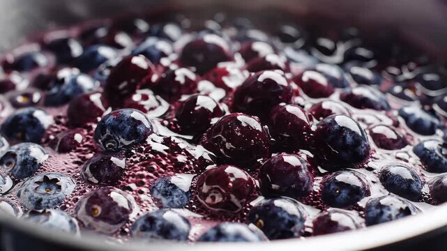 Closeup of Fresh Blueberries Simmering in a Pot.