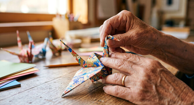 Close up of senior elderly hands folding colorful traditional Japanese origami paper crane with floral pattern washi paper on rustic wooden table