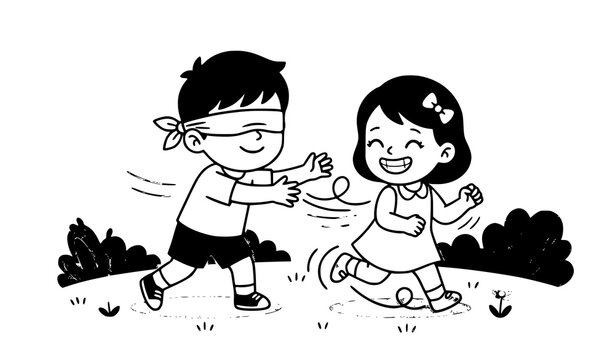 Cute children blindfold game vector boy girl playful illustration