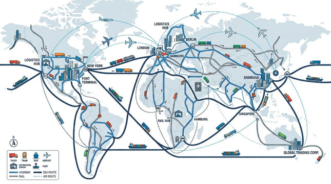 Global transportation network map showing air sea and land routes.