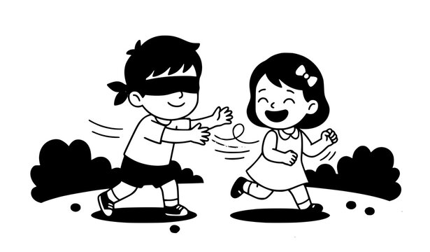 Minimal kids playing blindfold tag vector cute boy girl illustration