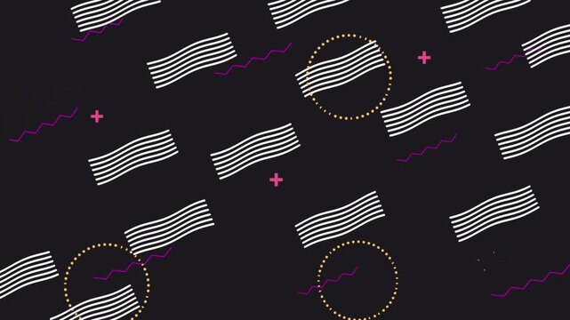 Abstract memphis style animation featuring geometric shapes and patterns in dynamic motion over dark background.
