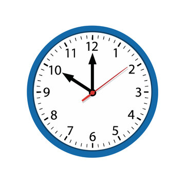 A blue framed analog clock showing ten oclock.