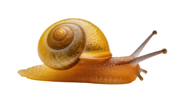 Golden spiral shell snail with orange body, isolated on transparent background