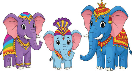 Cute Cartoon Indian Elephant Family Set — Decorated Purple and Blue Elephants with Traditional Ornaments and Crown for Kids © MdMonirul
