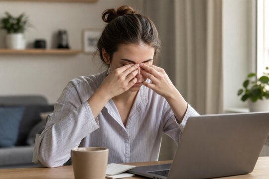 Stressed young professional woman rubbing eyes while working remotely on laptop at home, exhausted from long hours in cozy indoor setting with warm lighting and coffee mug