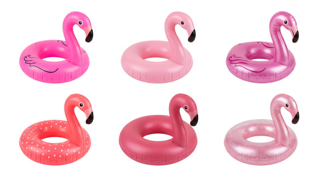 Set of inflatable pink flamingo pool floats isolated on transparent background for summer vacation